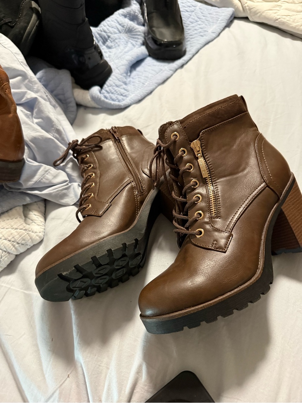 Eva & Zoey Brown Lace-Up Heeled Ankle Boots | Lug Sole